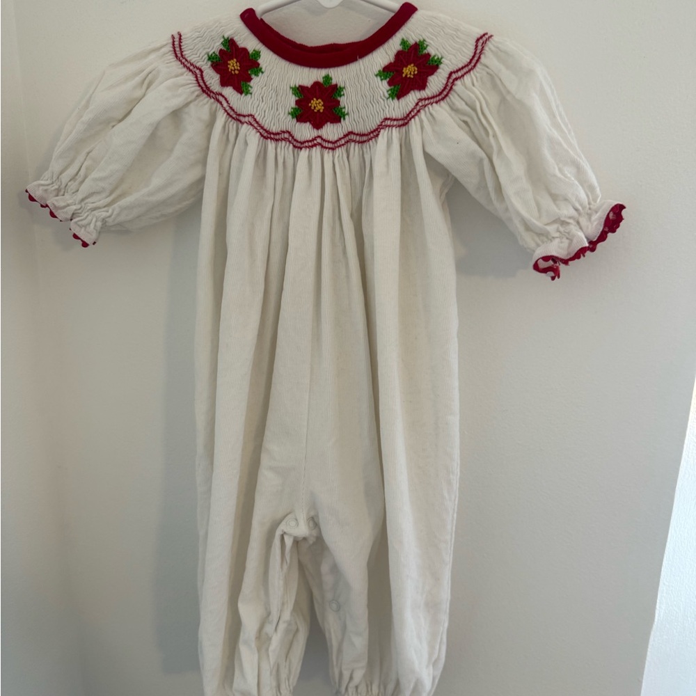 White smocked Baby Romper with Red Floral Embroidery
